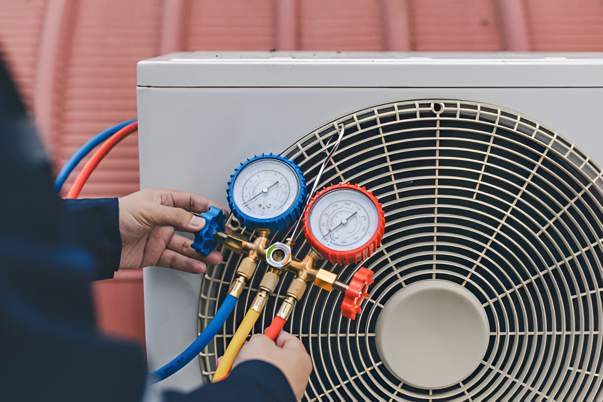 Technician performing AC maintenance